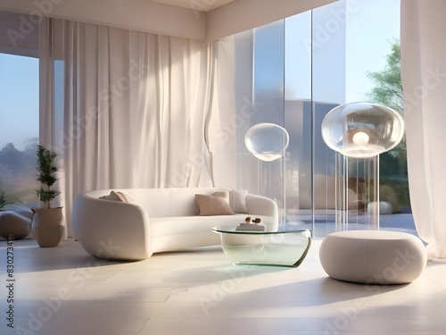 A living room with white furniture and glass windows, creating a bright and airy space.

