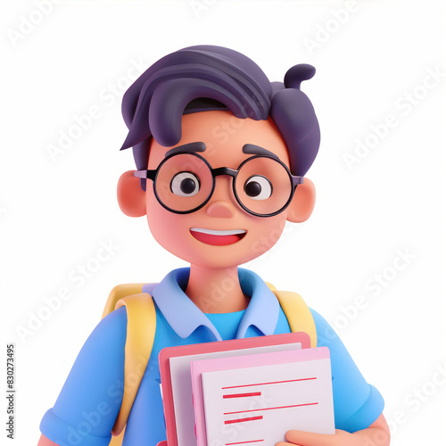 Simple Cartoon 3D illustration of young smiling male University student, close up portrait on white background
