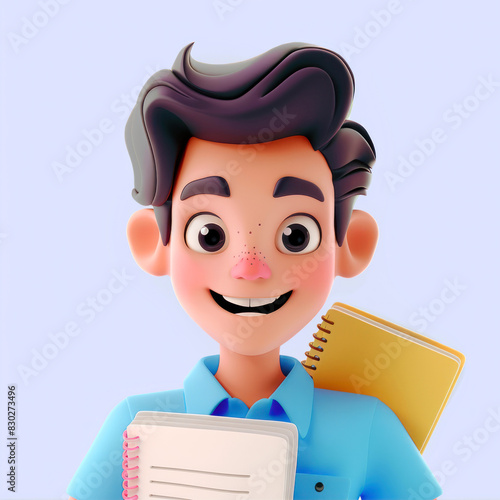 Simple Cartoon 3D illustration of young smiling male University student, close up portrait on white background