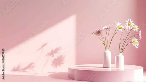3D rendering of a pink background with a pink vase of white flowers on a pink podium.