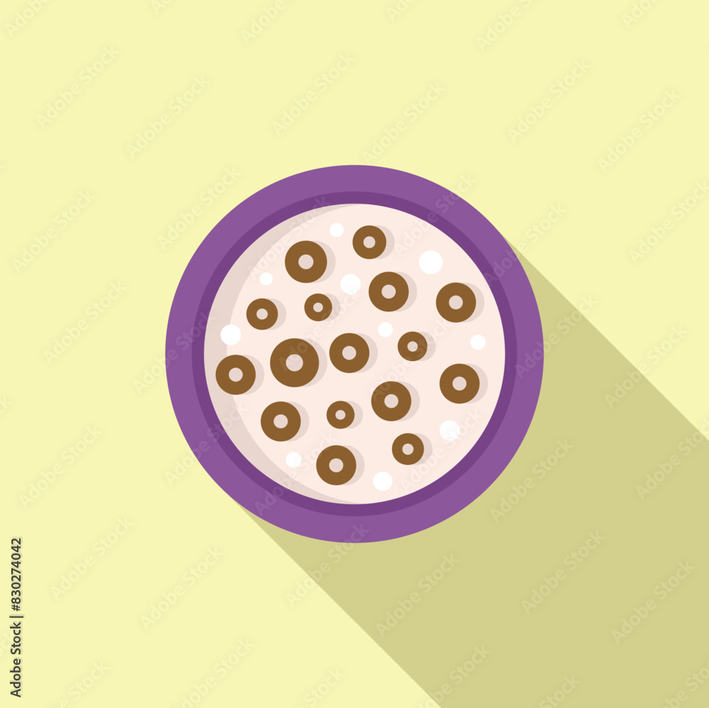 Fototapeta premium Vector illustration of a bowl of cereal with chocolate loops and milk, top view on a yellow backdrop