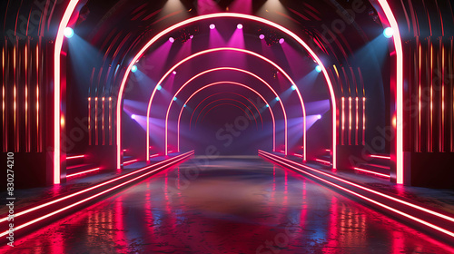 3D rendering of an empty stage with a long runway and bright spotlights.
