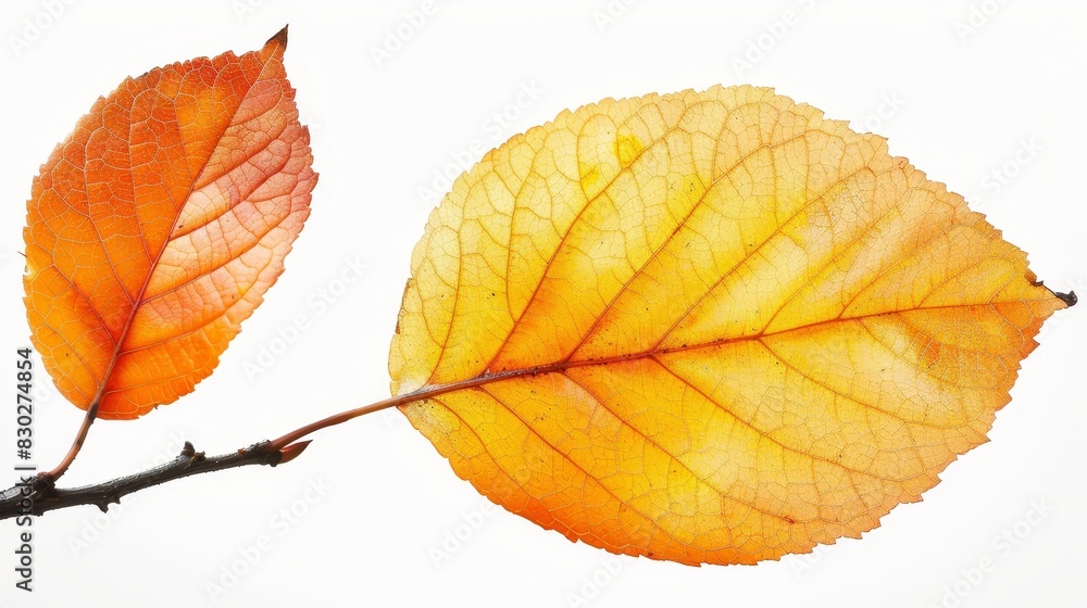 A close-up of two leaves on a twig against a white sky background is a twig with leaves, not a twig with a twig in the foreground A close-up of two leaves on a twig against a white sky background is a twig with leaves, not a twig with a twig in the foreground