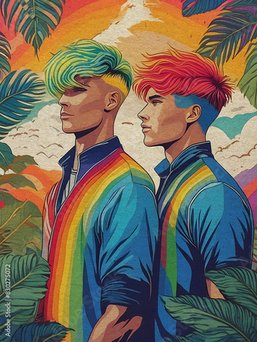 Two young men in rainbow colours. Poster on rough cardboard styled in the 1950s. Colourful motif in Pride Month.	