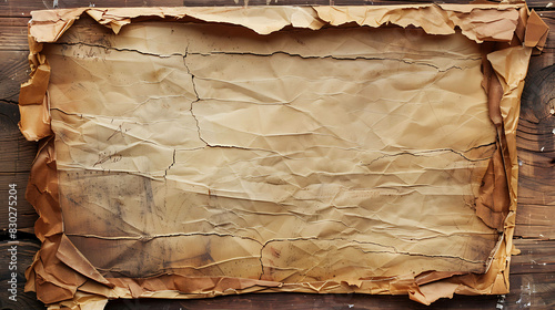 A close-up of a piece of old, torn paper with a wooden background. The paper is yellowed and has a rough texture. photo
