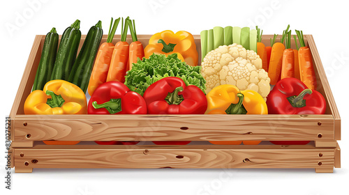 Fresh vegetables in a wooden crate. The crate is filled with colorful bell peppers, carrots, cauliflower, celery, and zucchini. photo