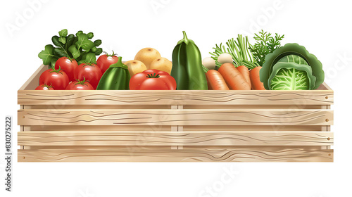 Fresh vegetables in a wooden crate. The crate is filled with ripe  colorful tomatoes  potatoes  eggplants  carrots  cabbages  and other vegetables.