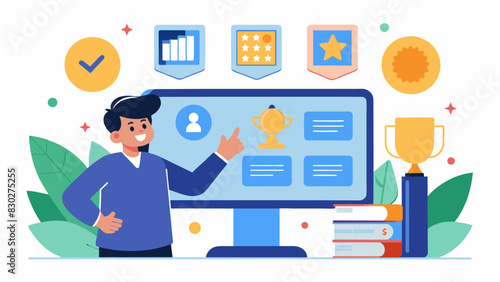 Interactive elements such as a touchscreen where visitors can read about individual student achievements add a modern touch to the traditional display.. Vector illustration