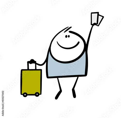 Satisfied traveler bought tickets, stands with a suitcase at the train station waiting for the train. Vector illustration of a passenger going on vacation. Isolated character on white background.