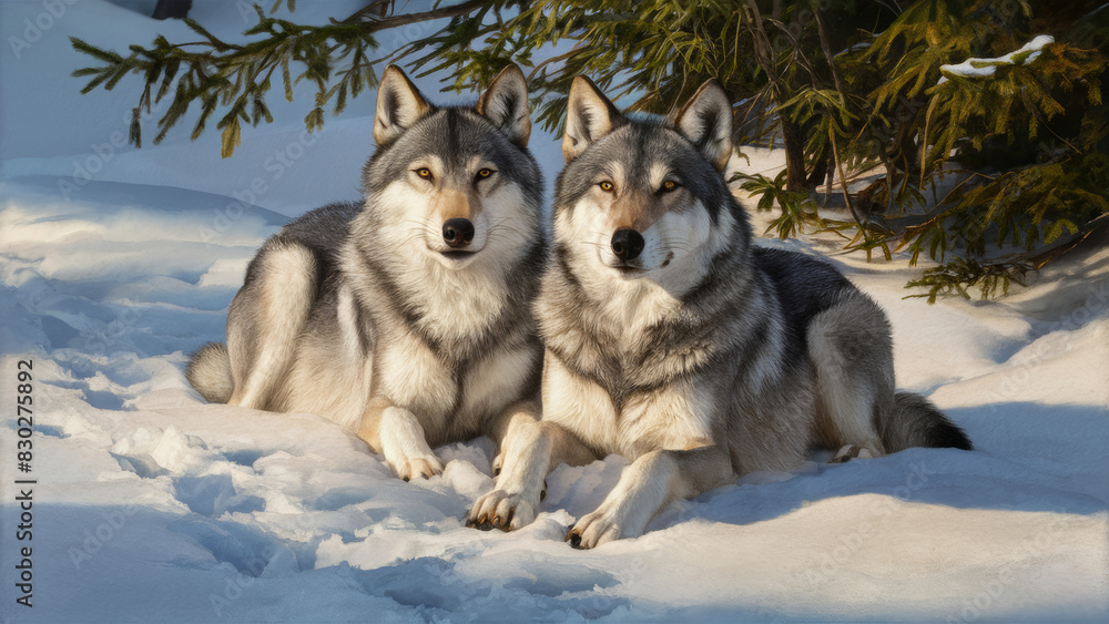 A pair of wolves with muscular bodies and playful behavior. A serene snowy landscape and untouched snow decorated with their paw prints. A pair of wolves with muscular bodies and playful behavior. A serene snowy landscape and untouched snow decorated with their paw prints.
