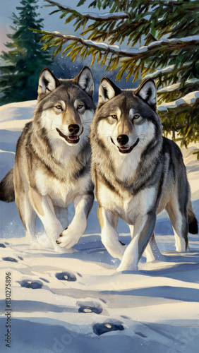 A pair of wolves with muscular bodies and playful behavior. A serene snowy landscape and untouched snow decorated with their paw prints.