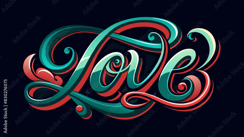 Vibrant and colorful word Love text with dynamic swirls flourishes, set against dark background. Perfect for greeting cards, invitations, event posters, digital projects. Eye-catching, lively design