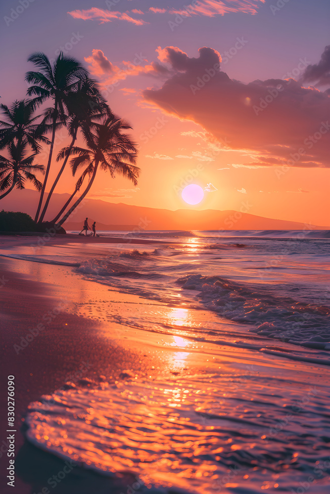 Enchanting Sunset at Tranquil Beach with Silhouetted Palm Trees and Couple Strolling Along Shoreline