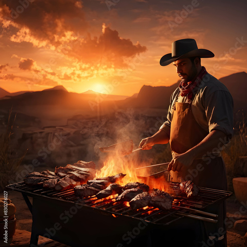 Churrasco Gaucho grilling meats on an open flame.