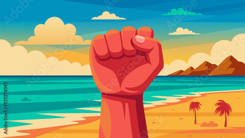raised fist silhouetted against a scenic beach backdrop with palm trees and a calm ocean. powerful symbol of solidarity. concept -resistance, social justice, protests, civil rights movements