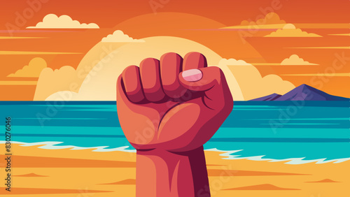 raised fist silhouetted against a scenic beach backdrop with palm trees and a calm ocean. powerful symbol of solidarity. concept -resistance, social justice, protests, civil rights movements