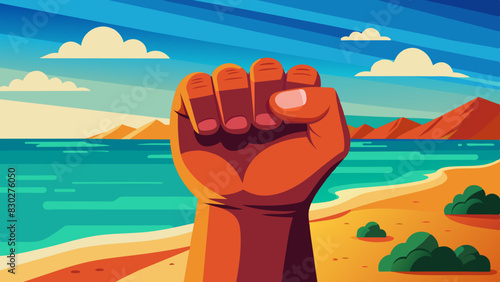 raised fist silhouetted against a scenic beach backdrop with palm trees and a calm ocean. powerful symbol of solidarity. concept -resistance, social justice, protests, civil rights movements