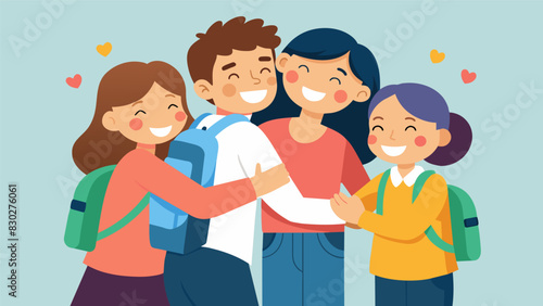 Parents and their children end their morning routine practice with a group hug and reminder to have a great day at school.. Vector illustration