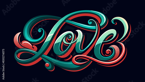 Vibrant and colorful word Love text with dynamic swirls flourishes, set against dark background. Perfect for greeting cards, invitations, event posters, digital projects. Eye-catching, lively design
