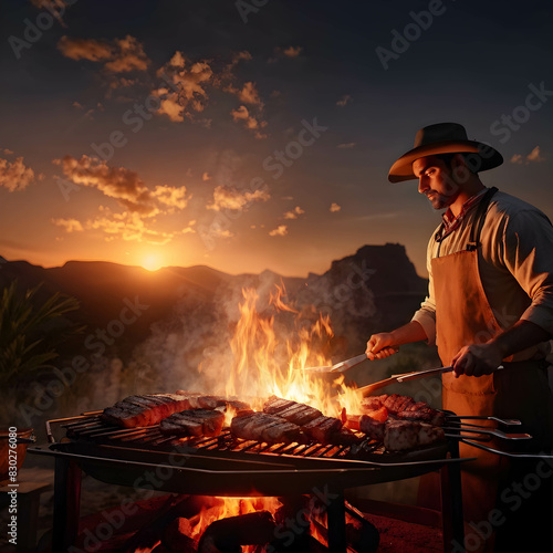 Churrasco Gaucho grilling meats on an open flame.