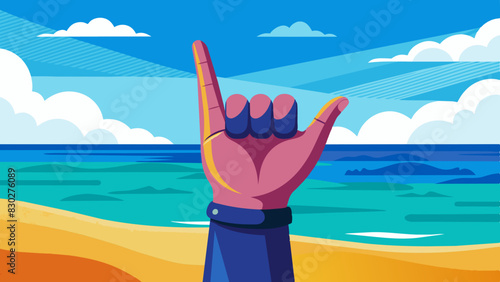 Cartoon vector illustration Closeup of hand showing surfers shake sign against background of sea, beach. Concept is rest, freedom, relaxation, pleasure, summer time. Used in hawaiian and surfer cultur