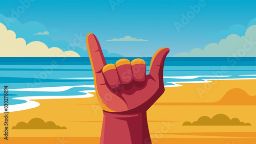 Cartoon vector illustration Closeup of hand showing surfers shake sign against background of sea, beach. Concept is rest, freedom, relaxation, pleasure, summer time. Used in hawaiian and surfer cultur