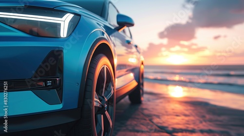 closeup, front angle, Blue compact SUV car with sport and modern design parked on concrete road by sea beach at sunset. New shiny SUV car drive for travel on summer vacations with road trip.  photo