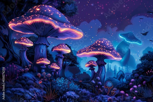 a group of mushrooms with glowing lights © Laura