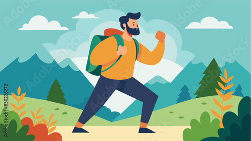 He goes on a hike surrounded by nature feeling strong and capable as he conquers the challenging terrain.. Vector illustration