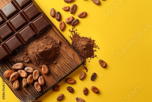 bar of chocolate, cocoa beans and powder on yellow background, confectionery concept, sweet lover wallpaper, products for candy, world chocolate day, top view, flat lay photo