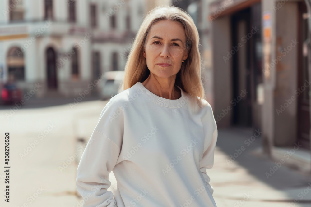 Fototapeta premium Middle aged woman wearing white blank sweatshirt mockup. Mature woman with active lifestyle clothing posing in urban street background in sunny day