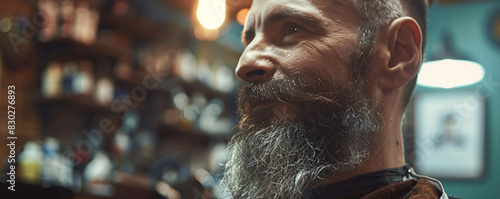 Pensive bearded man in barber shop photo
