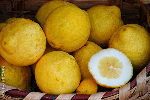 View of fresh Amalfi lemons on the Amalfi Coast in Italy