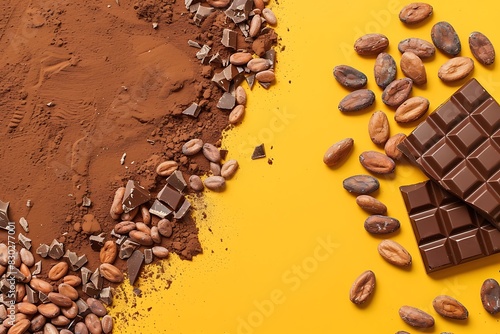 bar of chocolate, cocoa beans and powder on yellow background, confectionery concept, sweet lover wallpaper, products for candy, world chocolate day, top view, flat lay photo