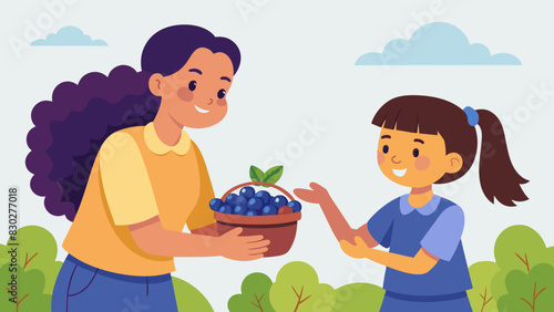 A young girl shyly approaches a neighbor offering a basket of freshly picked blueberries in exchange for a jar of homemade salsa fostering a sense of generosity and community. Vector illustration