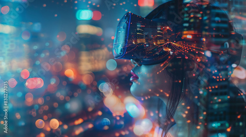 Woman wearing a virtual reality headset with a city lights background captured from the side