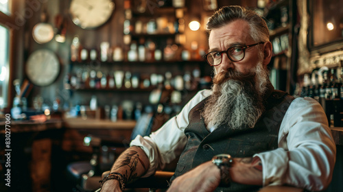 Confident bearded man in vintage barbershop