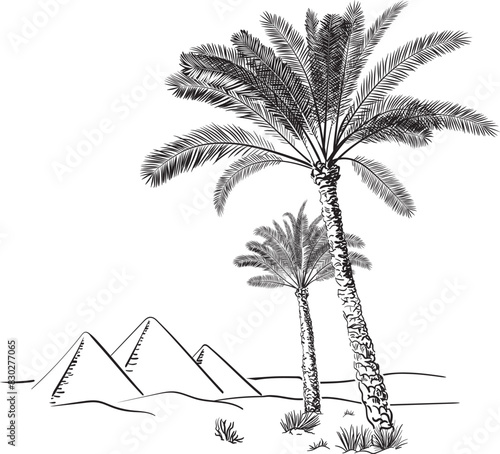 Egypt pyramids and palm trees in the desert. Hand drawn vector illustration