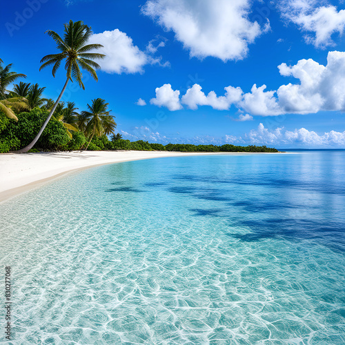 A tranquil tropical beach scene with palm trees, white sand beaches, and crystal clear turquoise water shining on the sky