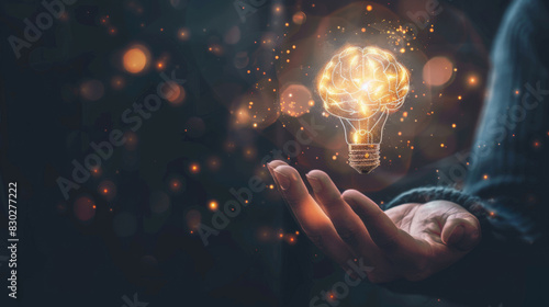 Glowing light bulb hovering over an open hand against a dark background with twinkling lights