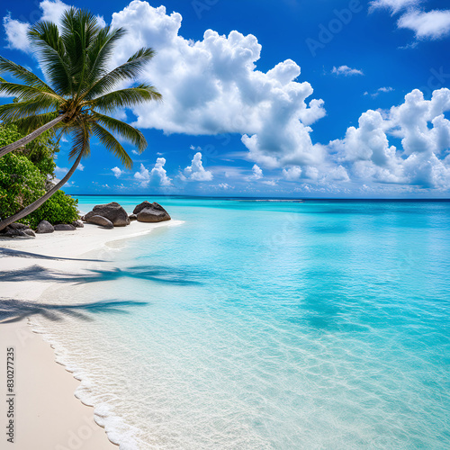 A tranquil tropical beach scene with palm trees  white sand beaches  and crystal clear turquoise water shining on the sky