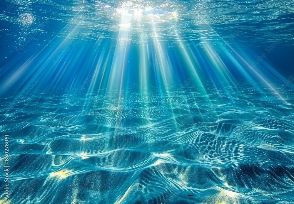 Sunlight glistening on the ocean's surface and beneath the blue waves, with clear waters in the summer.