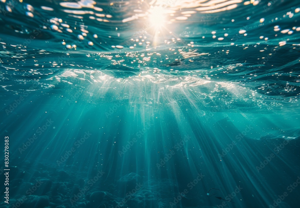 Sunlight glistening on the ocean's surface and beneath the blue waves, with clear waters in the summer.