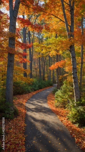 Path winds its way through forest  trees ablaze with colors of autumn. Vibrant palette of reds  oranges  yellows on full display. Sunlight filters through canopy  casting dappled shadows on path.