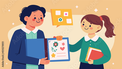 A student presenting a handmade scrapbook full of memories and heartfelt messages from their classmates to their teacher.. Vector illustration