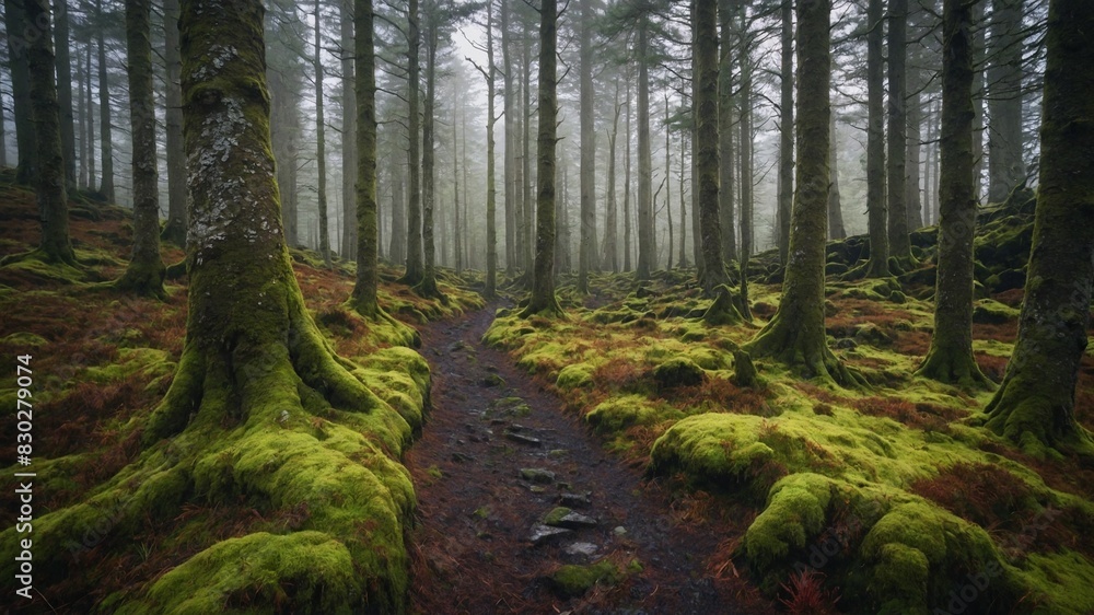 Serene forest scene unfolds, shrouded in mist. Narrow path meanders through moss-covered ground, flanked by tall, dense trees. Moss, lush, vibrant, blankets forest floor. Serene forest scene unfolds, shrouded in mist. Narrow path meanders through moss-covered ground, flanked by tall, dense trees. Moss, lush, vibrant, blankets forest floor.