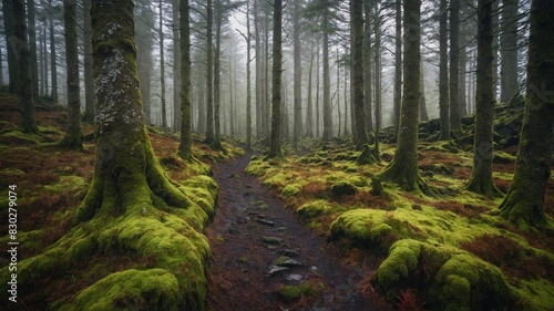 Serene forest scene unfolds  shrouded in mist. Narrow path meanders through moss-covered ground  flanked by tall  dense trees. Moss  lush  vibrant  blankets forest floor.