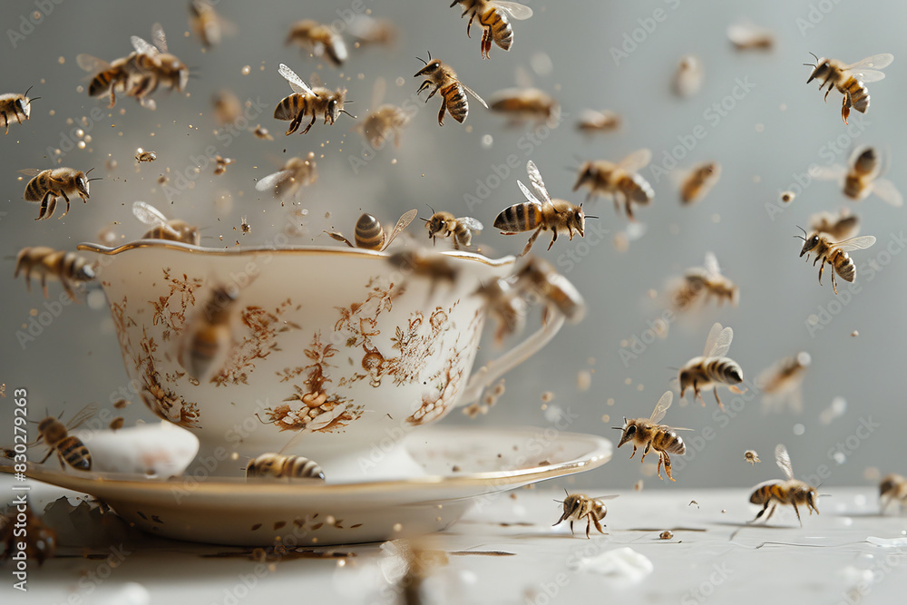 A swarm of bees hovers around a mug with a drink, close-up