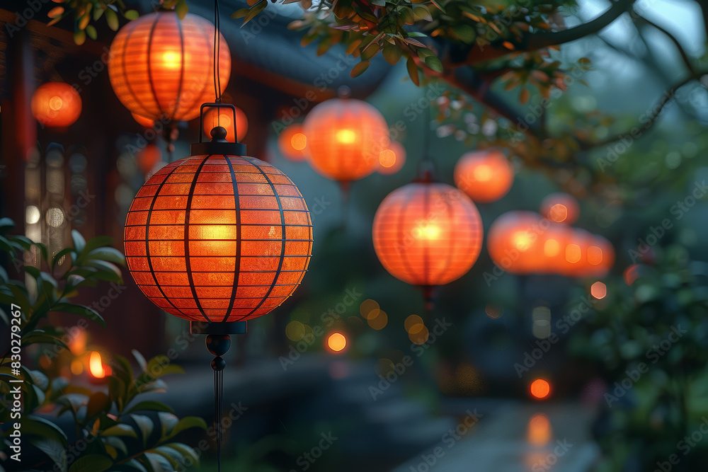 Decorative lanterns hanging in a garden. Concept of Mid-Autumn Festival and cultural celebration. Generative Ai. Decorative lanterns hanging in a garden. Concept of Mid-Autumn Festival and cultural celebration. Generative Ai.