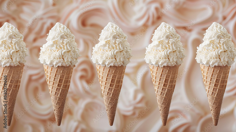 Vanilla ice cream cones with splashes of melting ice on a beige background, top view